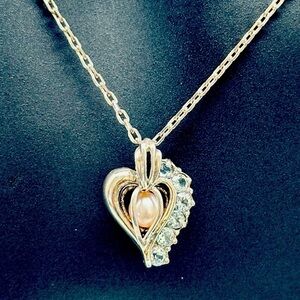 Vintage Sterling Silver Heart Cage Necklace–Pearl & Blue Stones–Marked Italy 925
